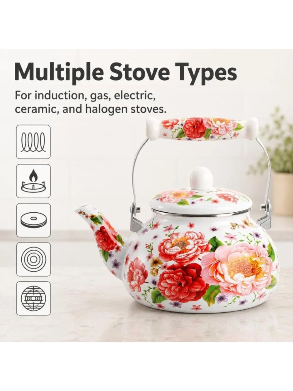Vintage Floral Enamel Tea Kettle 2.6 Qt - Non-Whistling, Multi-Use & Hand Wash